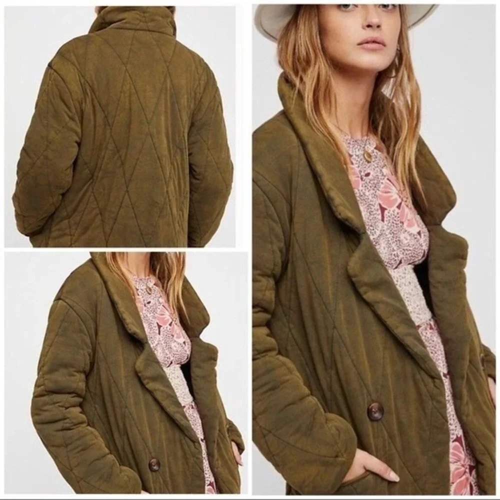 New Free People Jacket XS Tawny Puffer Quilted Open Front Olive Green Oversized